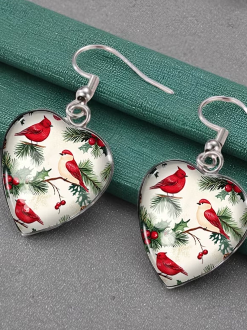 Heart Drop Earrings with Red Cardinal Print - Holiday Fashion Jewelry